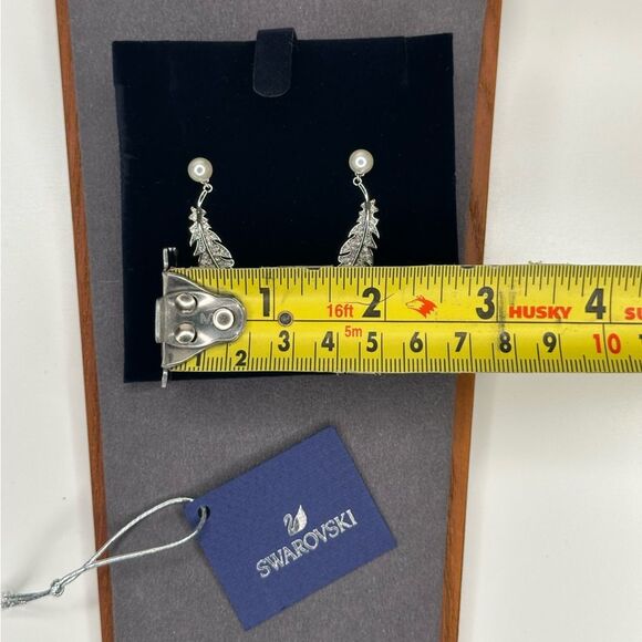 Swarovski Feather Drop Earrings with Pearl Accent | Silver Tone CZ Style 5496052 - Picture 7 of 9